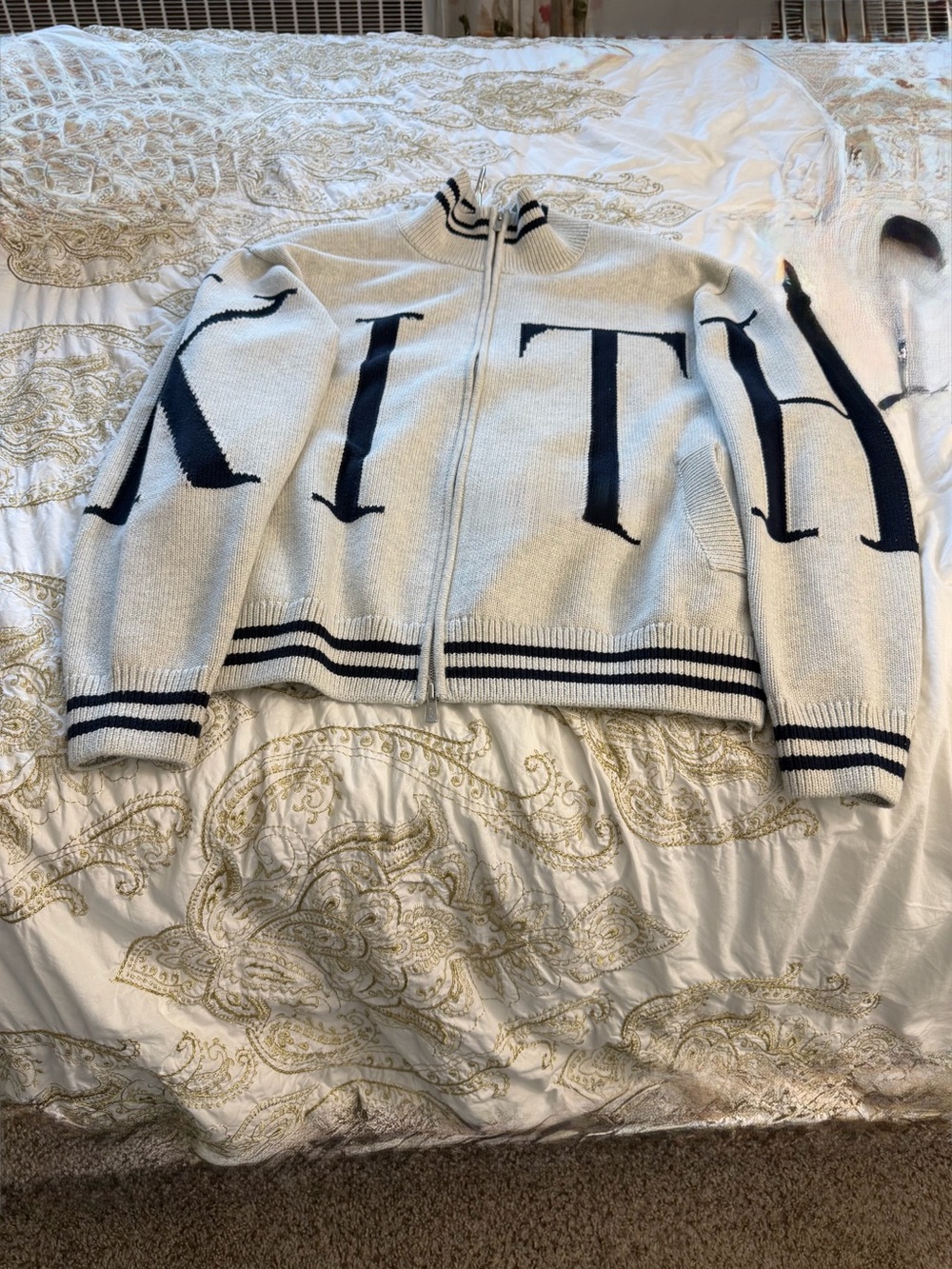 Grayish White & Blue Knit Zip-Up Sweater with Navy Lettering